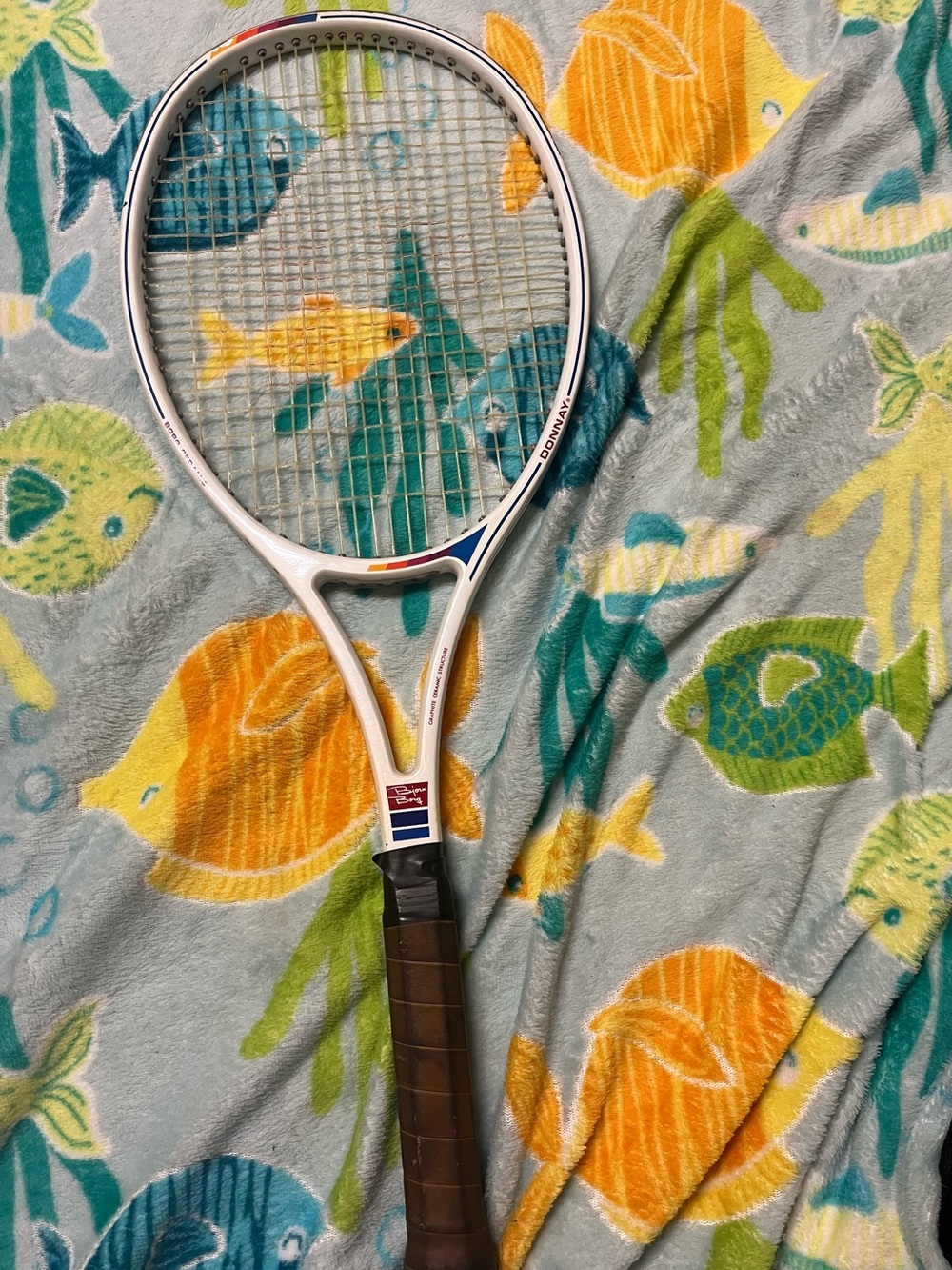 Bjorn Borg White Tennis Racket with Brown Grip and Blue Accents